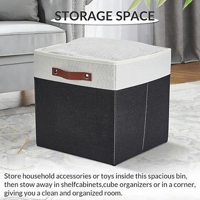 13x13 Storage Bins Set of 6, Foldable Linen Baskets with Leather Handle, Collapsible Shelf Organizer