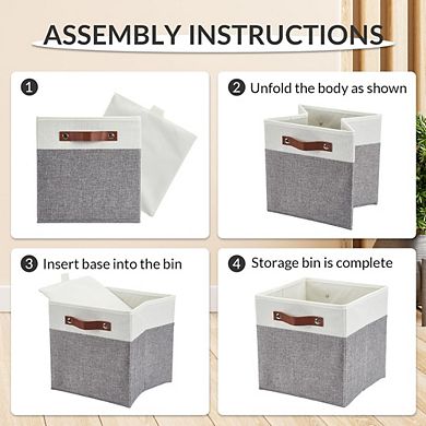 13x13 Storage Bins Set of 6, Foldable Linen Baskets with Leather Handle, Collapsible Shelf Organizer