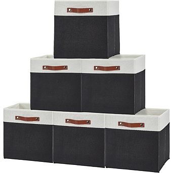 13x13 Storage Bins Set of 6, Foldable Linen Baskets with Leather Handle, Collapsible Shelf Organizer