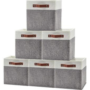 13x13 Storage Bins Set of 6, Foldable Linen Baskets with Leather Handle, Collapsible Shelf Organizer