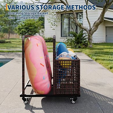 Pool Float Storage Organizer with Rolling Wheels, Outdoor Wicker Rattan Pool Caddy & Toy Basket