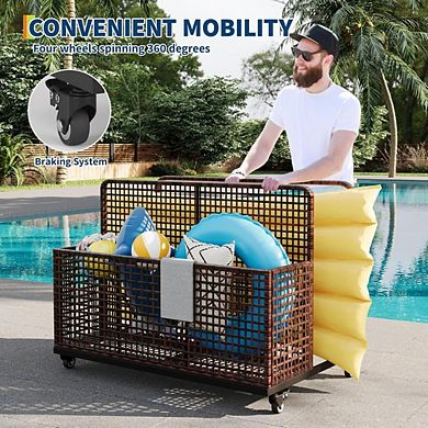 Pool Float Storage Organizer with Rolling Wheels, Outdoor Wicker Rattan Pool Caddy & Toy Basket