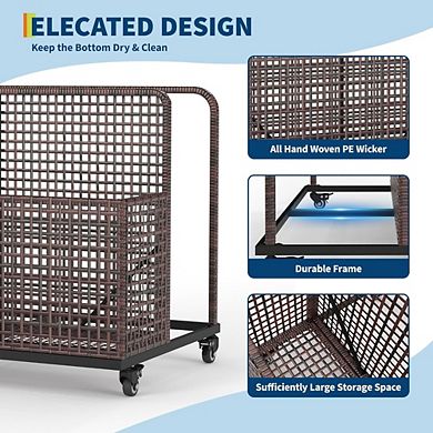 Pool Float Storage Organizer with Rolling Wheels, Outdoor Wicker Rattan Pool Caddy & Toy Basket