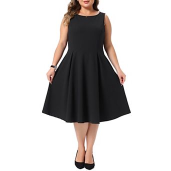 Women's Plus Size Work Dress Sleeveless Boat Neck Pleated A-Line w Pockets Vintage Cocktail Dresses