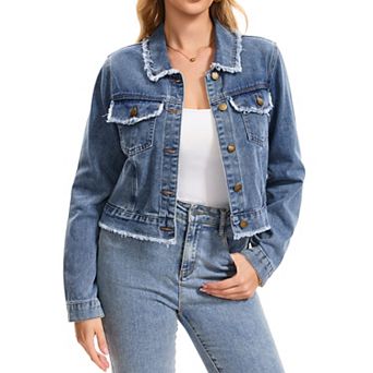 Women's Denim Jacket Frayed Edge Long Sleeve Button Down Cropped Jean Jackets