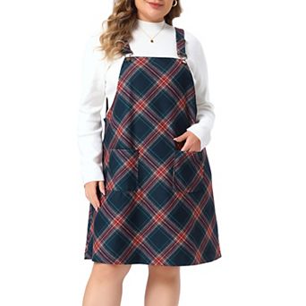 Women's Plus Size Plaid Pinafore Dress Sleeveless Adjustable Strap Suspender Skirt Overall Dress