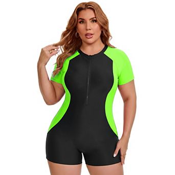 Women's Plus Size 1 pc Swimsuits Zip Front Short Sleeve Contrast Colors w Boyshorts Surfing Swimwear