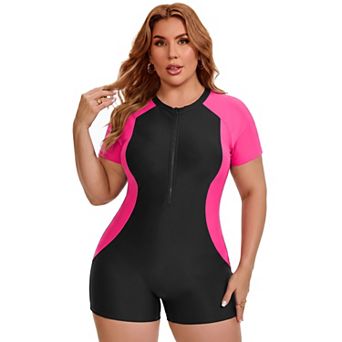 Women's Plus Size 1 pc Swimsuits Zip Front Short Sleeve Contrast Colors w Boyshorts Surfing Swimwear