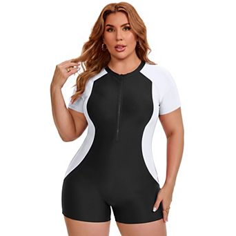 Women's Plus Size 1 pc Swimsuits Zip Front Short Sleeve Contrast Colors w Boyshorts Surfing Swimwear