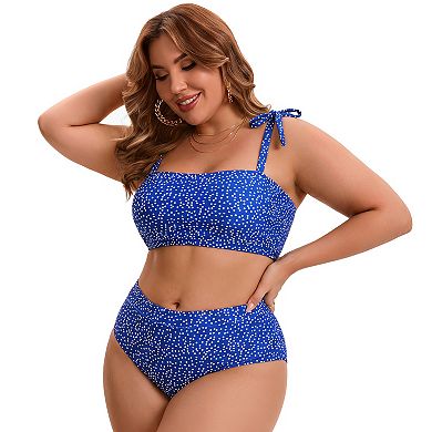 Women's Plus Size Two Piece Bikini Drawstring Bathing Suit High Waisted Tummy Control Swimsuit Set