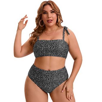 Women's Plus Size Two Piece Bikini Drawstring Bathing Suit High Waisted Tummy Control Swimsuit Set