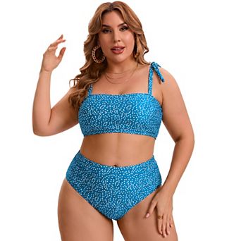 Women's Plus Size Two Piece Bikini Drawstring Bathing Suit High Waisted Tummy Control Swimsuit Set