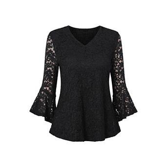 Women's Dressy Casual Blouse V Neck Bell Sleeves Floral Lace Formal Tops
