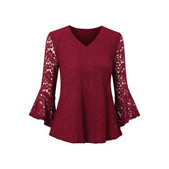 Women's Dressy Casual Blouse V Neck Bell Sleeves Floral Lace Formal Tops