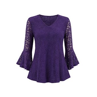 Women's Dressy Casual Blouse V Neck Bell Sleeves Floral Lace Formal Tops