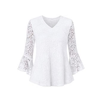 Women's Dressy Casual Blouse V Neck Bell Sleeves Floral Lace Formal Tops