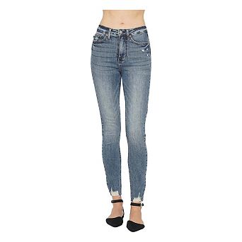 Full Size Tummy Control Vintage Wash Hem Destroy Skinny Jeans