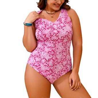 Women Paisley Print V Neck One Piece Swimsuit Adjustable Thin Strap Tummy Control Bathing Suit