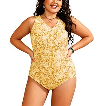 Women Paisley Print V Neck One Piece Swimsuit Adjustable Thin Strap Tummy Control Bathing Suit
