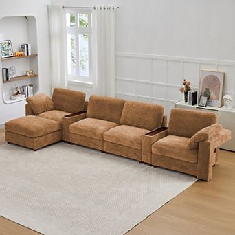 CEWOR L-shaped sofa with 1 Ottoman, 4 Seat Teddy Fleece Sofa Set with Convertible Armrests