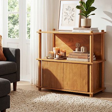 CEWOR Farmhouse Wood Nightstand with open shelf and Storage cabinet Side Table