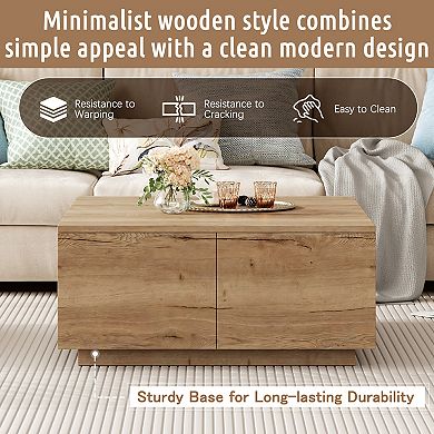 CEWOR Square Coffee Table, 4-Drawer Modern Wood Coffee Table with Hidden Storage, Easy Assembly