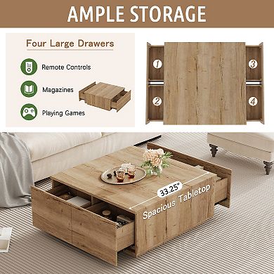 CEWOR Square Coffee Table, 4-Drawer Modern Wood Coffee Table with Hidden Storage, Easy Assembly