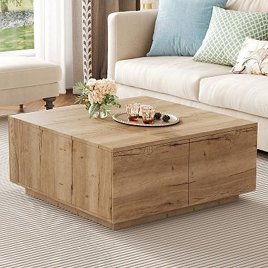 CEWOR Square Coffee Table, 4-Drawer Modern Wood Coffee Table with Hidden Storage, Easy Assembly