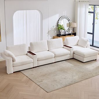 CEWOR L-shaped sofa with 1 Ottoman, 4 Seat Teddy Fleece Sofa Set with Convertible Armrests