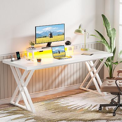 CEWOR 70" Computer Desk with LED Lights and USB Power Station
