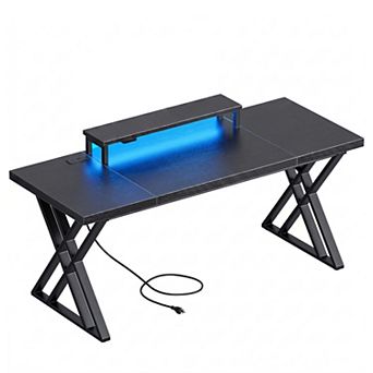 CEWOR 70" Computer Desk with LED Lights and USB Power Station
