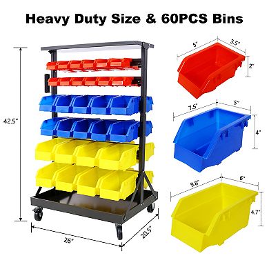 CEWOR Rolling Storage Bin Rack & Parts Organizer，60 Parts Bin 6-Tier Dual-Sided