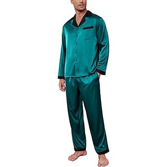 Ekouaer Mens Pajama Set Long Satin Loungewear Two Piece Pajamas Classic Button Down Sleepwear