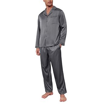 Ekouaer Mens Pajama Set Long Satin Loungewear Two Piece Pajamas Classic Button Down Sleepwear