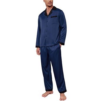 Ekouaer Mens Pajama Set Long Satin Loungewear Two Piece Pajamas Classic Button Down Sleepwear