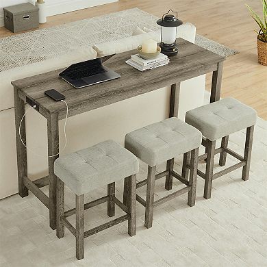 KWPZQEB Farmhouse Bar Table Set for 3, Table with Power Outlet, 3 Bar Stools with Upholstered