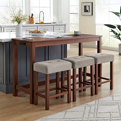 KWPZQEB Farmhouse Bar Table Set for 3, Table with Power Outlet, 3 Bar Stools with Upholstered