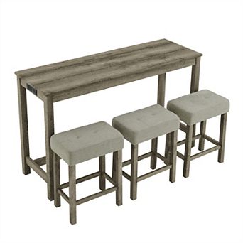 KWPZQEB Farmhouse Bar Table Set for 3, Table with Power Outlet, 3 Bar Stools with Upholstered