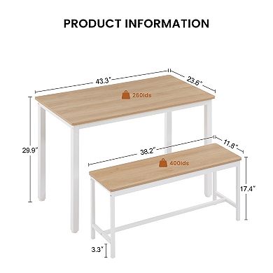 KWPZQEB Dining Table Set of 3, Rectangular Dining Table & 2 Benches for Kitchen, Dining Room