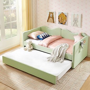 KWPZQEB Twin Size Daybed with Pull-Out Trundle Bed Frame & Side Storage Pocket for Guest Bedroom
