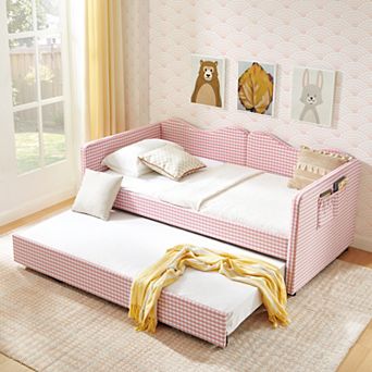 KWPZQEB Twin Size Daybed with Pull-Out Trundle Bed Frame & Side Storage Pocket for Guest Bedroom