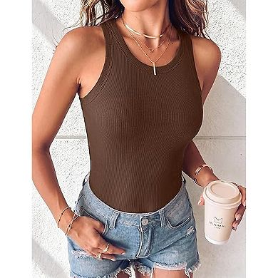 Avidlove High Crew Neck Ribbed Racerback Built-In Removable Pad Fitted Long Tank Top