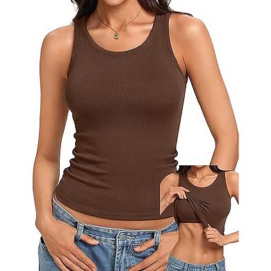 Avidlove High Crew Neck Ribbed Racerback Built-In Removable Pad Fitted Long Tank Top