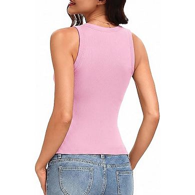 Avidlove High Crew Neck Ribbed Racerback Built-In Removable Pad Fitted Long Tank Top