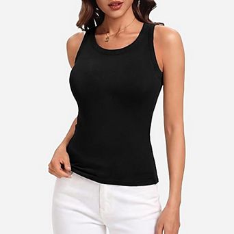 Avidlove High Crew Neck Ribbed Racerback Built-In Removable Pad Fitted Long Tank Top