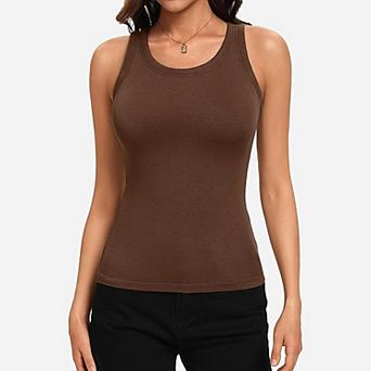 Avidlove High Crew Neck Ribbed Racerback Built-In Removable Pad Fitted Long Tank Top