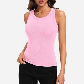 Avidlove High Crew Neck Ribbed Racerback Built-In Removable Pad Fitted Long Tank Top