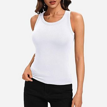 Avidlove High Crew Neck Ribbed Racerback Built-In Removable Pad Fitted Long Tank Top