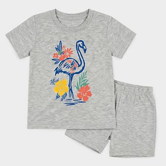 Flamingo Flowers Outline - Toddler Crew Shorts Set