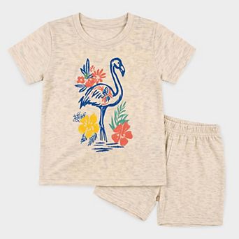 Flamingo Flowers Outline - Toddler Crew Shorts Set